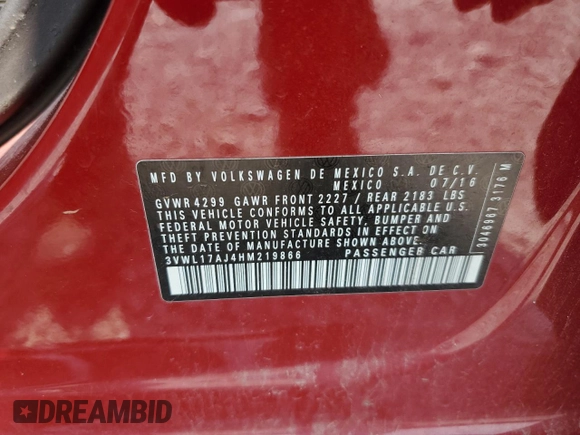 2017 Volkswagen Jetta SEL with VIN 3VWL17AJ4HM219866, listed as a Copart auction lot 60503545 with 92,738 mi miles and Salvage title. Bid and sale history available at DreamBid. Image 12.