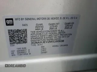 2021 Chevrolet Equinox LT with VIN 3GNAXJEV2MS160638, listed as a Copart auction lot 58692525 with 153,441 mi miles and Clean title. Bid and sale history available at DreamBid. Image 12.