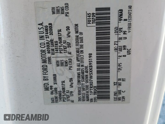 1999 Ford F-150 с VIN 1FTRX07W5XKB95198, выставлен на аукционе Copart как лот 41478385 с пробегом Не указан миль и Списание • Salvage title. История ставок и продаж доступна на DreamBid. Изображение 14.