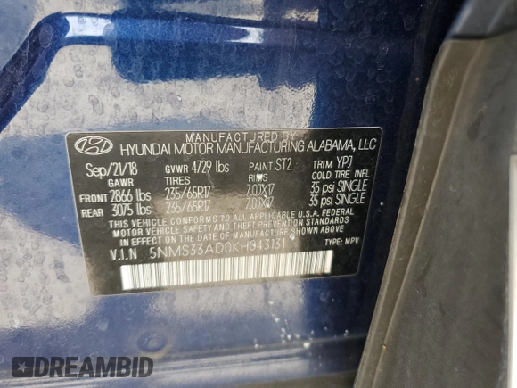 2019 Hyundai Santa Fe SEL with VIN 5NMS33AD0KH043131, listed as a Copart auction lot 54219415 with 131,532 mi miles and Non Repairable. Bid and sale history available at DreamBid. Image 12.