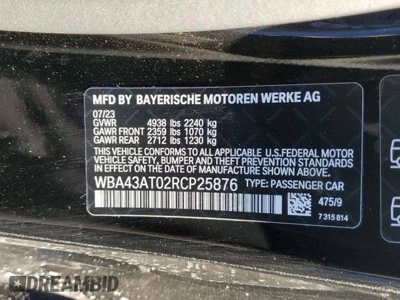 2024 BMW 4 Series 430i xDrive with VIN WBA43AT02RCP25876, listed as a Copart auction lot 86365224 with 0 mi miles and Salvage Title. Bid and sale history available at carsss.com. Image 12.