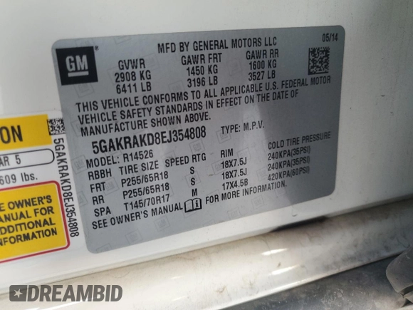 2014 Buick Enclave Convenience with VIN 5GAKRAKD8EJ354808, listed as a Copart auction lot 76409654 with 195,972 mi miles and Salvage Title. Bid and sale history available at carsss.com. Image 14.