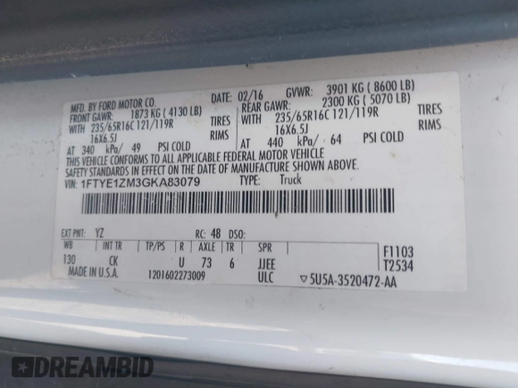 2016 Ford Transit Cargo with VIN 1FTYE1ZM3GKA83079, listed as a IAAI auction lot 42061843 with 224,583 mi miles and . Bid and sale history available at DreamBid. Image 9.