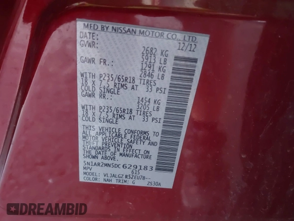 2013 Nissan Pathfinder S with VIN 5N1AR2MN5DC629183, listed as a IAAI auction lot 42567895 with 178,240 mi miles and . Bid and sale history available at DreamBid. Image 9.