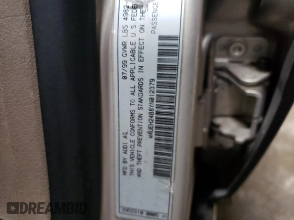 2000 Audi A6 z VIN WAUEH24B8YN012379, wystawiony jako Copart lot #42292685 z przebiegiem 62 112 mil mil oraz Czysty tytuł • Clean title. Historia ofert i sprzedaży dostępna na DreamBid. Obrazek 12.