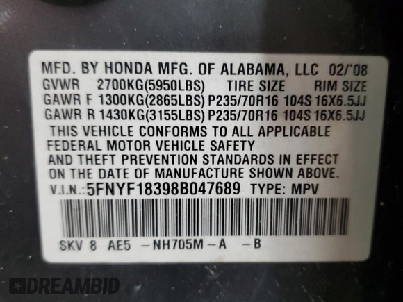 2008 Honda Pilot SE with VIN 5FNYF18398B047689, listed as a Copart auction lot 53529555 with 145,353 mi miles and Salvage Title. Bid and sale history available at DreamBid. Image 12.