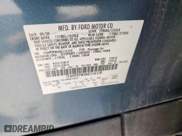 2010 Ford Taurus Limited with VIN 1FAHP2FW4AG116550, listed as a Copart auction lot 63428535 with Not provided miles and Clean title. Bid and sale history available at DreamBid. Image 12.