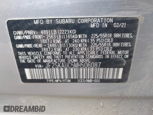 2021 Subaru Forester Limited с VIN JF2SKAUC5MH506087, выставлен на аукционе IAAI как лот 40883049 с пробегом 36 244 миль миль и . История ставок и продаж доступна на DreamBid. Изображение 9.