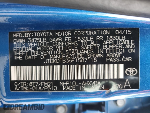 2015 Toyota Prius One z VIN JTDKDTB36F1587118, wystawiony jako Copart lot #59422605 z przebiegiem 100 010 mil mil oraz Szkoda całkowita • Salvage title. Historia ofert i sprzedaży dostępna na DreamBid. Obrazek 13.