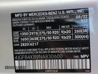 2022 Mercedes-Benz GLE 350 with VIN 4JGFB4KB9NA830600, listed as a Copart auction lot 46502195 with 43,251 mi miles and Salvage title. Bid and sale history available at DreamBid. Image 13.