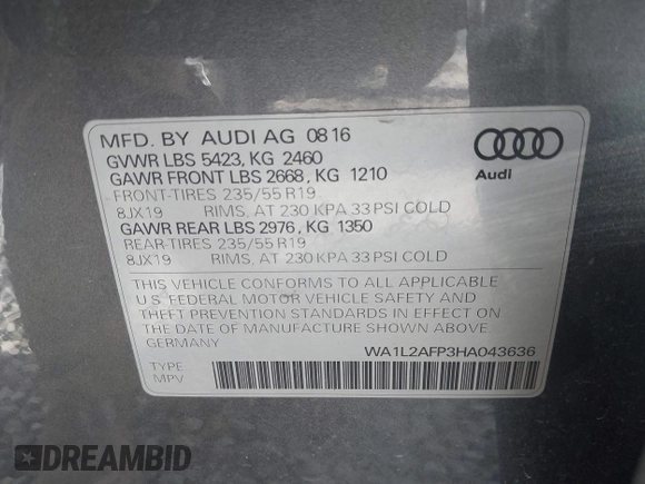 2017 Audi Q5 Premium Plus z VIN WA1L2AFP3HA043636, wystawiony jako IAAI lot #41701999 z przebiegiem 54 949 mil mil oraz . Historia ofert i sprzedaży dostępna na DreamBid. Obrazek 9.