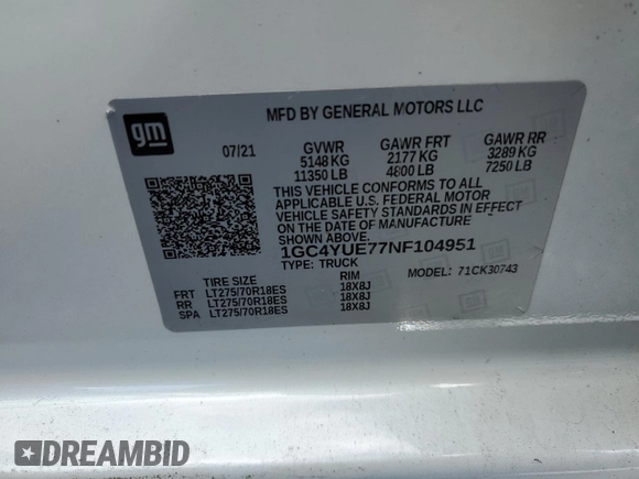2022 Chevrolet Silverado 3500HD LTZ with VIN 1GC4YUE77NF104951, listed as a Copart auction lot 85613244 with 96,119 mi miles and Salvage Title. Bid and sale history available at DreamBid. Image 12.