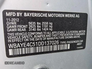 2013 BMW 7 Series 740Li with VIN WBAYE4C51DD137026, listed as a Copart auction lot 54016125 with 131,879 mi miles and Clean title. Bid and sale history available at DreamBid. Image 12.