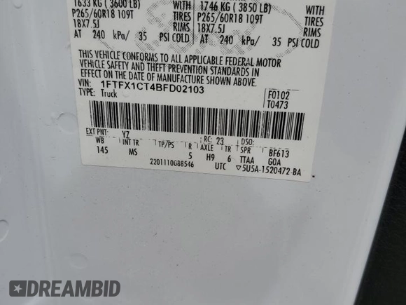 2011 Ford F-150 XL with VIN 1FTFX1CT4BFD02103, listed as a Copart auction lot 70912414 with 128,511 mi miles and Clean Title. Bid and sale history available at carsss.com. Image 12.