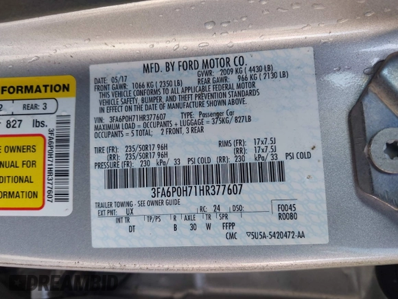 2017 Ford Fusion SE with VIN 3FA6P0H71HR377607, listed as a IAAI auction lot 42757989 with 93,003 mi miles and . Bid and sale history available at DreamBid. Image 9.