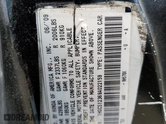 2009 Honda Accord LX-S with VIN 1HGCS12369A022159, listed as a Copart auction lot 51450005 with 281,940 mi miles and Salvage Title. Bid and sale history available at DreamBid. Image 13.
