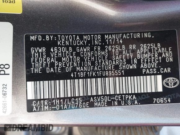 2015 Toyota Camry XLE with VIN 4T1BF1FK1FU895551, listed as a IAAI auction lot 40253286 with 221,273 mi miles and . Bid and sale history available at DreamBid. Image 9.