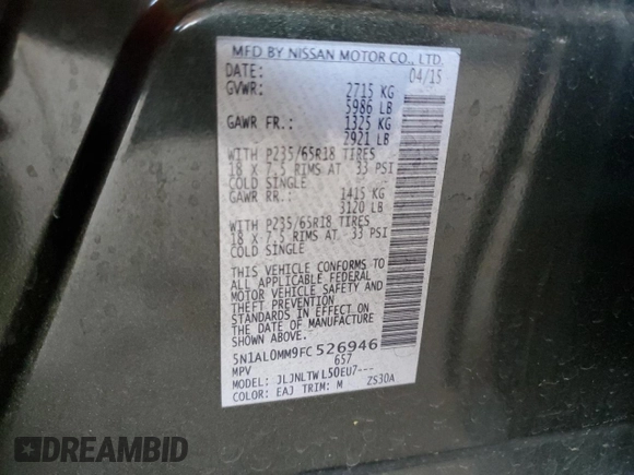 2015 Infiniti QX60 with VIN 5N1AL0MM9FC526946, listed as a Copart auction lot 58983895 with 128,341 mi miles and Salvage title. Bid and sale history available at DreamBid. Image 13.