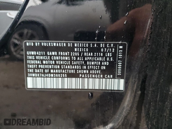 2013 Volkswagen Jetta SE with VIN 3VWDX7AJ4DM360255, listed as a Copart auction lot 58498955 with 160,346 mi miles and Non repairable. Bid and sale history available at DreamBid. Image 12.