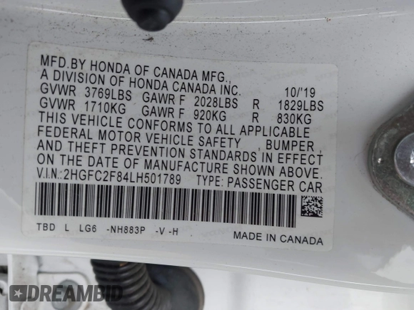 2020 Honda Civic Sedan Sport with VIN 2HGFC2F84LH501789, listed as a IAAI auction lot 41391616 with 54,426 mi miles. Bid and sale history available at carsss.com. Image 9.