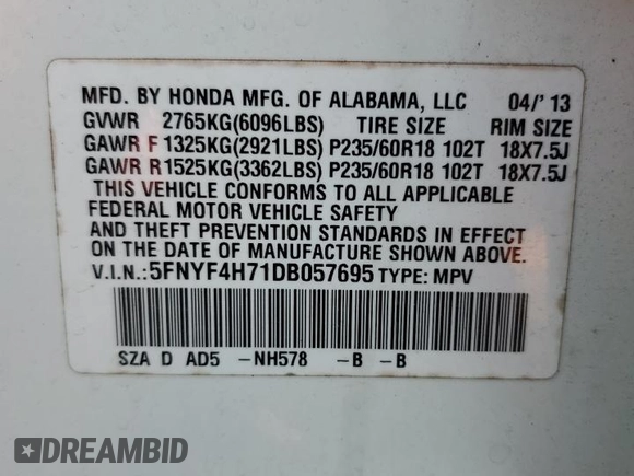 2013 Honda Pilot EX-L z VIN 5FNYF4H71DB057695, wystawiony jako Copart lot #51253785 z przebiegiem 147 701 mil mil oraz Szkoda całkowita • Salvage title. Historia ofert i sprzedaży dostępna na DreamBid. Obrazek 13.