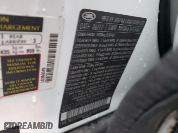 2017 Land Rover Range Rover with VIN SALGR2FK9HA360049, listed as a Copart auction lot 82036974 with 52,843 mi miles and Clean title. Bid and sale history available at DreamBid. Image 12.