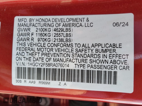2024 Honda Accord Sport с VIN 1HGCY2F58RA076014, выставлен на аукционе Copart как лот 49226635 с пробегом 52 162 миль миль и Списание • Salvage title. История ставок и продаж доступна на DreamBid. Изображение 14.