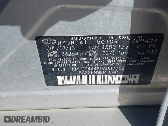 2013 Hyundai Sonata with VIN KMHEC4A48DA087759, listed as a IAAI auction lot 42188647 with 151,856 mi miles and . Bid and sale history available at carsss.com. Image 9.