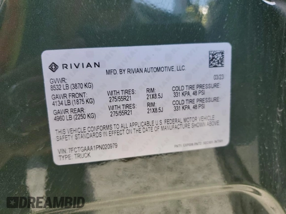 2023 Rivian R1T Adventure with VIN 7FCTGAAA1PN020979, listed as a Copart auction lot 52574025 with 0 mi miles and Salvage Title. Bid and sale history available at carsss.com. Image 13.