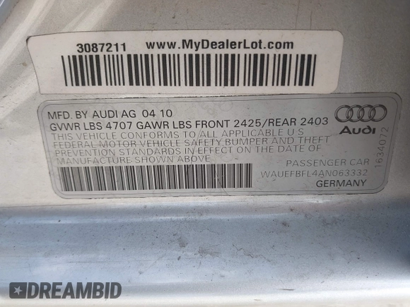 2010 Audi A4 z VIN WAUEFBFL4AN063332, wystawiony jako IAAI lot #41950185 z przebiegiem 132 635 mil mil oraz . Historia ofert i sprzedaży dostępna na DreamBid. Obrazek 9.