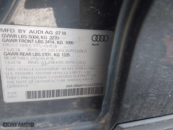 2018 Audi A4 allroad Premium Plus with VIN WA18NAF49JA232526, listed as a IAAI auction lot 41737332 with 98,441 mi miles. Bid and sale history available at carsss.com. Image 9.