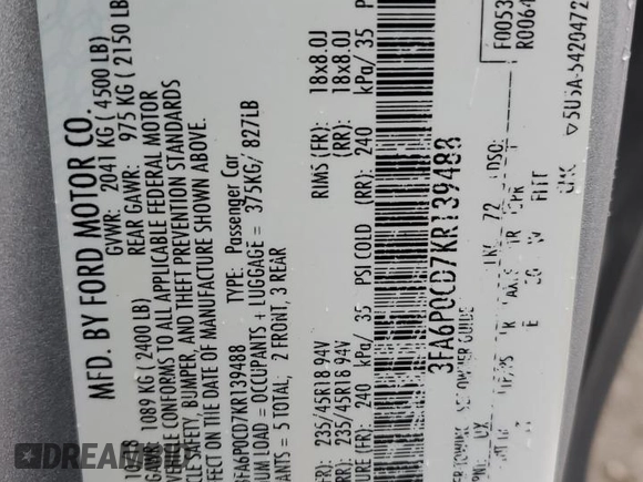 2019 Ford Fusion SEL with VIN 3FA6P0CD7KR139488, listed as a Copart auction lot 44620805 with 98,038 mi miles and Salvage Title. Bid and sale history available at carsss.com. Image 14.