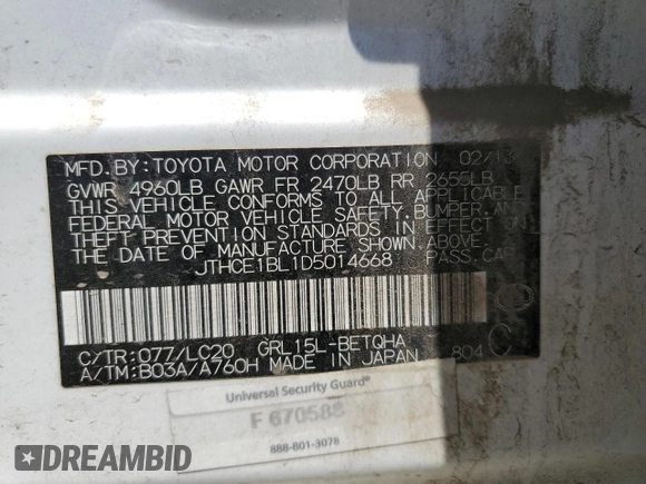 2013 Lexus GS 350 with VIN JTHCE1BL1D5014668, listed as a Copart auction lot 61582715 with 172,794 mi miles and Salvage title. Bid and sale history available at DreamBid. Image 13.