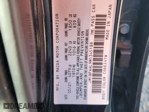 2021 Mazda 3 S with VIN JM1BPAAL9M1345188, listed as a Copart auction lot 47891095 with 37,031 mi miles and Salvage title. Bid and sale history available at DreamBid. Image 12.