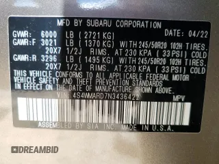 2022 Subaru Ascent Touring with VIN 4S4WMARD7N3436422, listed as a Copart auction lot 55336895 with 39,630 mi miles and Non repairable. Bid and sale history available at DreamBid. Image 14.