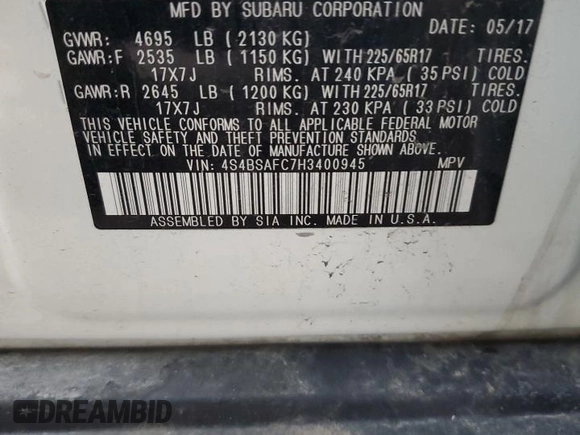 2017 Subaru Outback Premium z VIN 4S4BSAFC7H3400945, wystawiony jako Copart lot #55677835 z przebiegiem 127 534 mil mil oraz Szkoda całkowita • Salvage title. Historia ofert i sprzedaży dostępna na DreamBid. Obrazek 12.