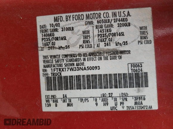 2003 Ford F-150 XL with VIN 1FTRX17W33NA50093, listed as a Copart auction lot 49335885 with 0 mi miles and Non Repairable. Bid and sale history available at carsss.com. Image 12.
