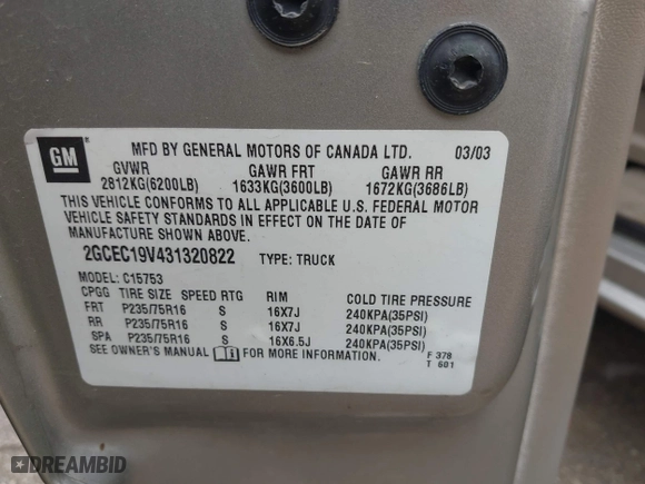 2003 Chevrolet Silverado 1500 LS with VIN 2GCEC19V431320822, listed as a IAAI auction lot 41932594 with 1 mi miles. Bid and sale history available at carsss.com. Image 9.