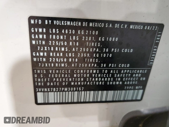 2023 Volkswagen Taos SE z VIN 3VVNX7B27PM309157, wystawiony jako Copart lot #51781625 z przebiegiem 23 355 mil mil oraz Szkoda całkowita • Salvage title. Historia ofert i sprzedaży dostępna na DreamBid. Obrazek 13.