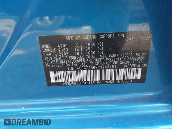 2023 Subaru Impreza with VIN 4S3GTAB63P3703761, listed as a IAAI auction lot 41806243 with 16,265 mi miles and . Bid and sale history available at DreamBid. Image 9.