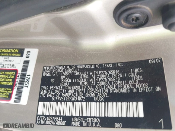 2007 Toyota Tundra SR5 with VIN 5TFRV54197X031872, listed as a IAAI auction lot 41593418 with 246,426 mi miles. Bid and sale history available at carsss.com. Image 9.