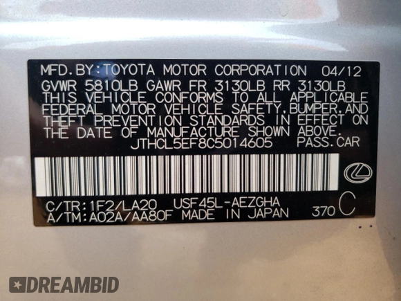 2012 Lexus LS 460 with VIN JTHCL5EF8C5014605, listed as a Copart auction lot 81706824 with Not provided miles and Salvage title. Bid and sale history available at DreamBid. Image 14.