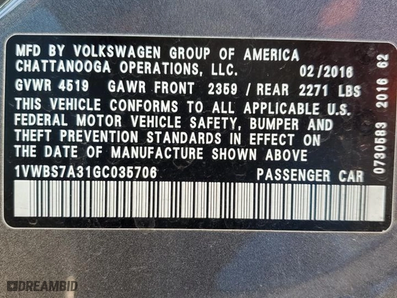 2016 Volkswagen Passat 1.8T SE w/Technology with VIN 1VWBS7A31GC035706, listed as a Copart auction lot 45385865 with 207,229 mi miles and Salvage Title. Bid and sale history available at carsss.com. Image 12.