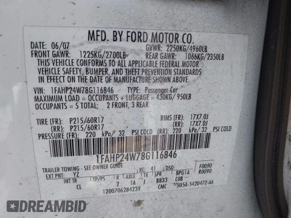 2008 Ford Taurus SEL with VIN 1FAHP24W78G116846, listed as a IAAI auction lot 42599313 with 142,599 mi miles and . Bid and sale history available at DreamBid. Image 9.