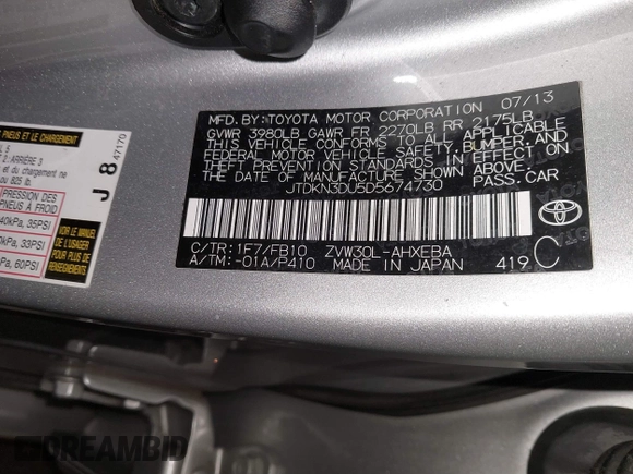 2013 Toyota Prius One z VIN JTDKN3DU5D5674730, wystawiony jako IAAI lot #40989694 z przebiegiem 159 236 mil mil oraz . Historia ofert i sprzedaży dostępna na DreamBid. Obrazek 9.