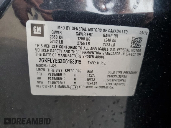 2013 GMC Terrain Denali z VIN 2GKFLYE32D6153015, wystawiony jako Copart lot #53728735 z przebiegiem 132 507 mil mil oraz Nie do naprawy • Non repairable. Historia ofert i sprzedaży dostępna na DreamBid. Obrazek 12.