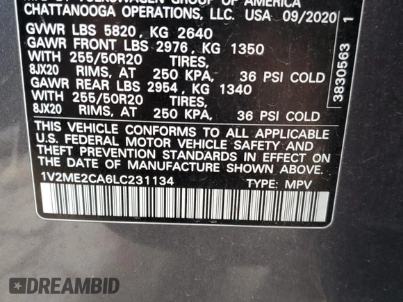 2020 Volkswagen Atlas SEL with VIN 1V2ME2CA6LC231134, listed as a Copart auction lot 48260785 with 63,057 mi miles and Salvage title. Bid and sale history available at DreamBid. Image 14.