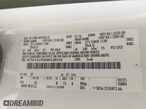 2017 Ford F-150 XL z VIN 1FTEX1CP2HKC25312, wystawiony jako IAAI lot #42345887 z przebiegiem 155 185 mil mil oraz . Historia ofert i sprzedaży dostępna na DreamBid. Obrazek 9.