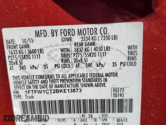 2011 Ford F-150 XLT with VIN 1FTFW1CT2BKE13873, listed as a Copart auction lot 48215075 with 189,951 mi miles and Salvage Title. Bid and sale history available at carsss.com. Image 12.