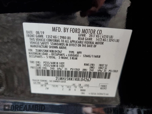 2019 Lincoln MKT with VIN 2LMHJ5NK1KBL04267, listed as a Copart auction lot 60502454 with Not Provided miles and Salvage Title. Bid and sale history available at DreamBid. Image 13.
